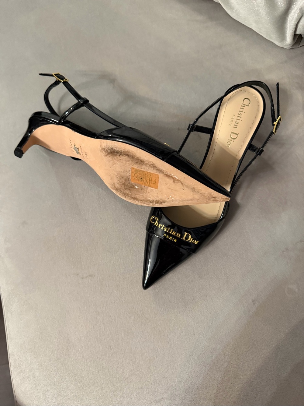 Dior Black Patent Leather Pointed Slingback Pumps with Gold Logo